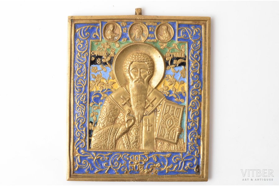 ikona, Svētais Antipijs, vara sakausējuma, 6-krāsu emalja, Maskava, Krievijas impērija, 19. gs. beigas, 10.45 / 10.95 x 9 x 0.45 cm