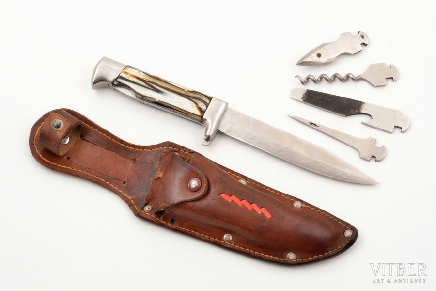 hunters knife (multitool), with additional blades, metal, total length 23.8 cm, blade length 13 cm, in leather sheath