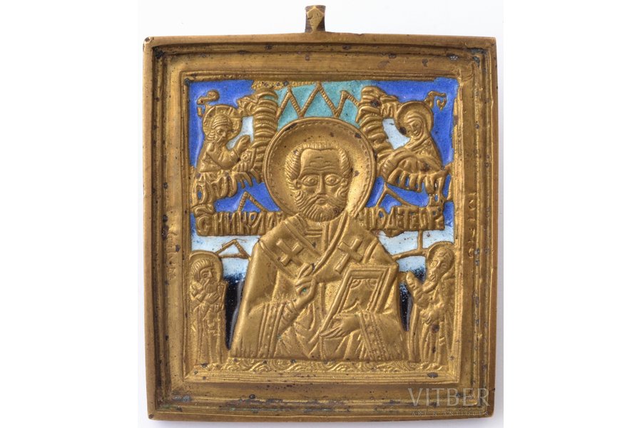 icon, Saint Nicholas the Wonderworker, copper alloy, 4-color enamel, Russia, 6.4 x 5.4 x 0.4 cm, 65.55 g.