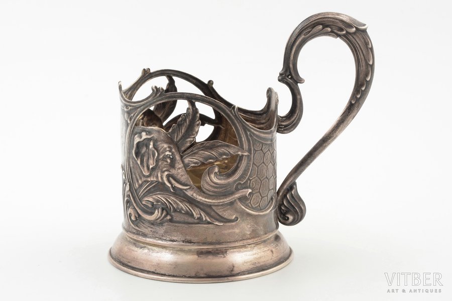 tea glass-holder, silver, "Elephants", 875 standard, 119.45 g, Jewelry and watch factory, 1958, Moscow, USSR