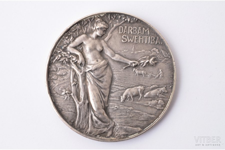 table medal, For successful activities and merit, Baltic Farmer Society in Valmiera, silver, Latvia, 20ies of 20th cent., Ø 47.8 mm, 47.4 g, К.Wihtolin's workshop