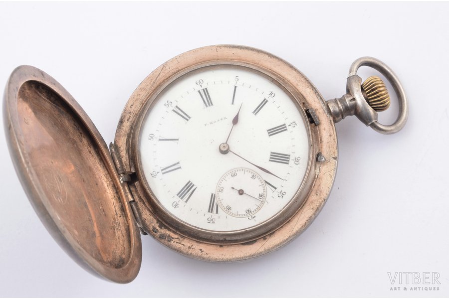 карманные часы, "Moser", Швейцария, начало 20-го века, серебро, 84, 875 проба, 120 г, Ø 58 мм, механизм в рабочем состоянии, крышка не фиксируется