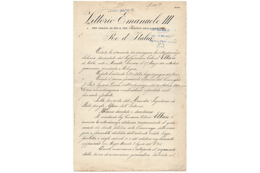 dokuments, ar karaļa Viktora Emanuela III un Benito Musolīni parakstu, Itālija, 1933 g., 37 x 24.5 cm