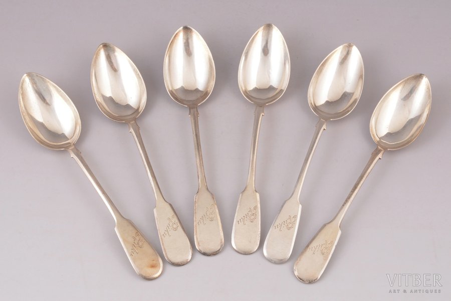 set of 6 soup spoons, silver, 84 standard, total weight of items 233, 17.3 cm, Ivan Khlebnikov factory, 1908-1917, Moscow, Russia