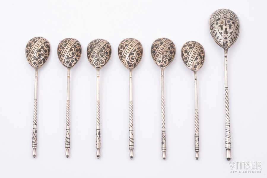 set of spoons 6+1 pcs., silver, 84 standard, total weight of items 108.35, niello enamel, engraving, 14.6 / 11.6 cm, 1908-1917, Kiev, Russia