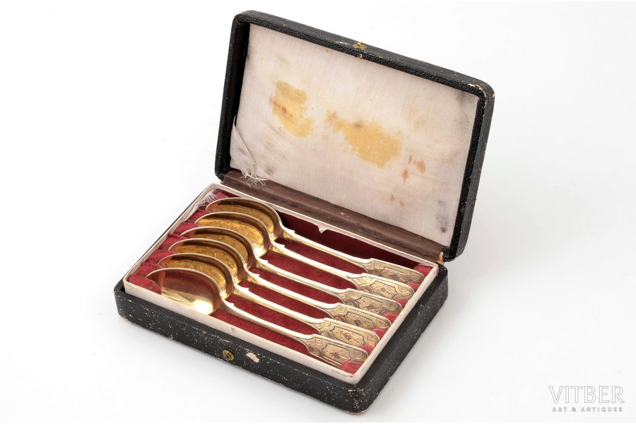 set of 6 spoons, silver, in a case, 84 standard, total weight of items 77.90, engraving, gilding, 12.5 cm, Alexeyev Ivan, 1867, Moscow, Russia