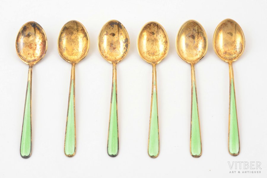 set of 6 spoons, silver, in a box, 925 standard, total weight of items 47.90, enamel, gilding, 9.5 cm, N. M. Thune, Oslo, Norway