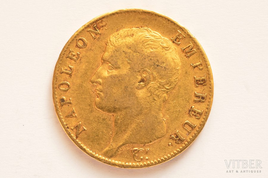France, 40 francs, 1806, Napoléon I, gold, fineness 900, 12.90322 g, fine gold weight 11.6135 g, F# 538, KM# 675, actual weight 12.85 g