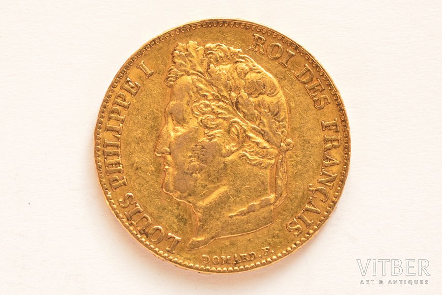 Франция, 20 франков, 1848 г., "Луи-Филипп I", золото, 900 проба, 6.45161 г, вес чистого золота 5.806 г, F# 527, KM# 750, фактический вес 6.38 г