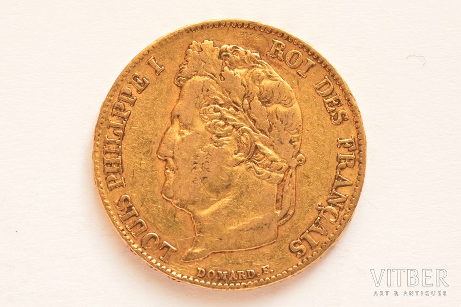 Франция, 20 франков, 1839 г., "Луи-Филипп I", золото, 900 проба, 6.45161 г, вес чистого золота 5.806 г, F# 527, KM# 750, фактический вес 6.42 г
