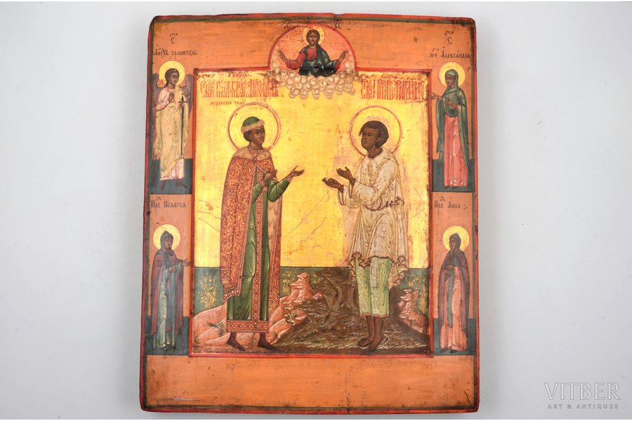 icon, Miracle Worker Blessed Prince Mikhail of Murom and Holy Righteous Artemy Verkolsky with saints, board, painting on gold, the middle of the 19th cent., 31.5 х 26.5 х 3 cm
