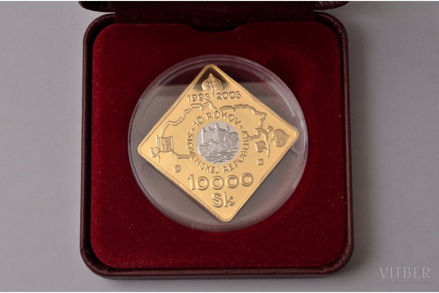 Slovakia, 10 000 Korun, 2003, Anniversary of Slovak Republic, gold fineness 900 /  palladium 999, 18.835 g, KM# 64