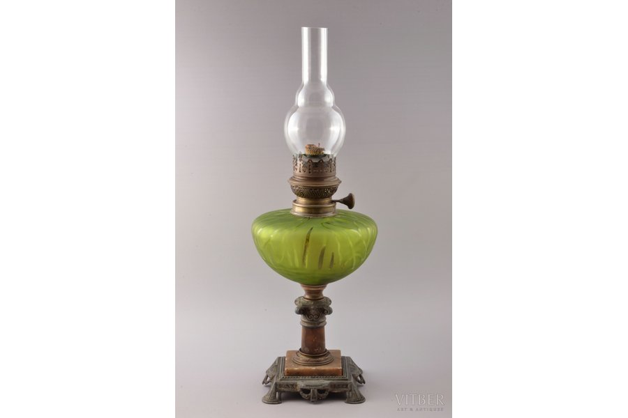 kerosene lamp, "I.E. MUSHKE", glass, spelter, brass, stone, Russia(?), the border of the 19th and the 20th centuries, 47.5 cm