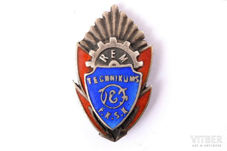 nozīme, Tehnikums VEF F.K.S.K (Rīgas Elektromehāniskais tehnikums), sudrabs, emalja, Latvija, 20.gs. 40ie gadi, 14.5 x 25 mm, 3.65 g