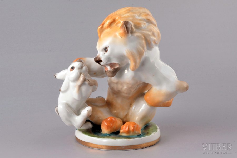 figurine, Lion and rabbit, porcelain, USSR, LFZ - Lomonosov porcelain factory, molder - B.Y. Vorobyev, the 50ies of 20th cent., h 14 cm, top grade