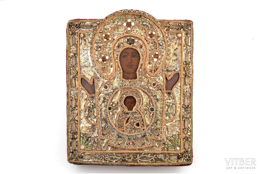 icon, Our Lady of the Sign, frame from beads, board, painting, Russia, the 2nd half of the 19th cent., 30 x 24 x 4 cm