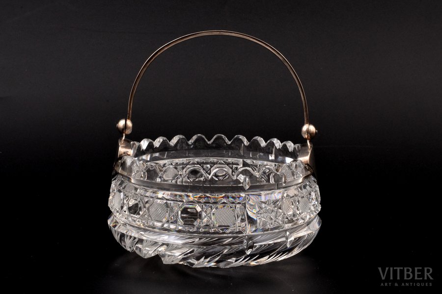 sugar-bowl, silver, 875 standard, cut-glass (crystal), Ø 11.5 cm, h (with handle) 12.5 cm, the 20ties of 20th cent., Latvia, traces of everyday use