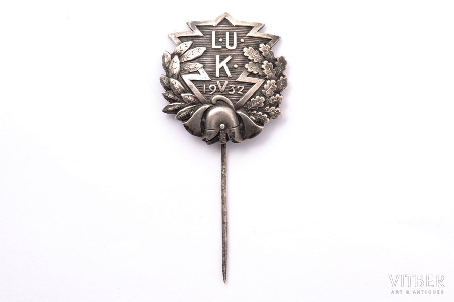 badge, LUK (1932), 5 years of the fireman service, silver, Latvia, 1932, 32 x 30.5 mm, 4.8 g