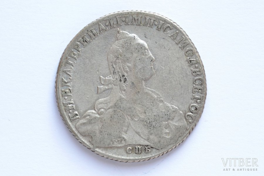 1 ruble, 1775, SPB, ФЛ, Catherine II "Without scarf on the neck", silver, Russia, 23.1 g, Ø 36.8-37 mm, F