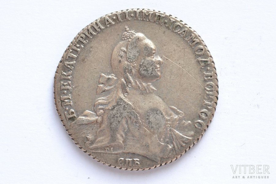 1 rublis, 1764 g., SPB, SA, Katrīna II "Ar šalli ap kaklu", sudrabs, Krievijas Impērija, 37-37.8 g, Ø 24.75 mm, VF