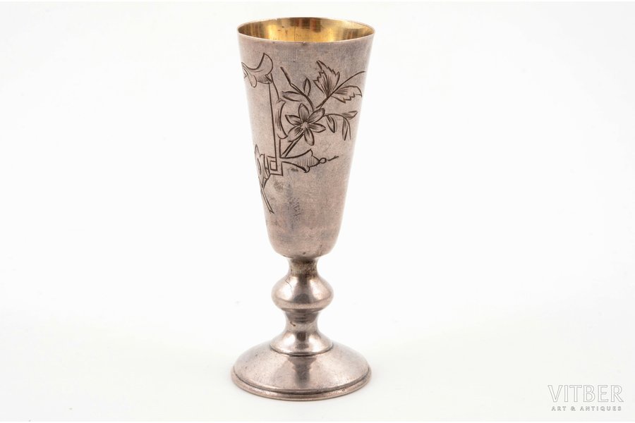 little glass, silver, 84 standard, 26.50 g, engraving, gilding, h 8.7 cm, 1896-1907, Moscow, Russia
