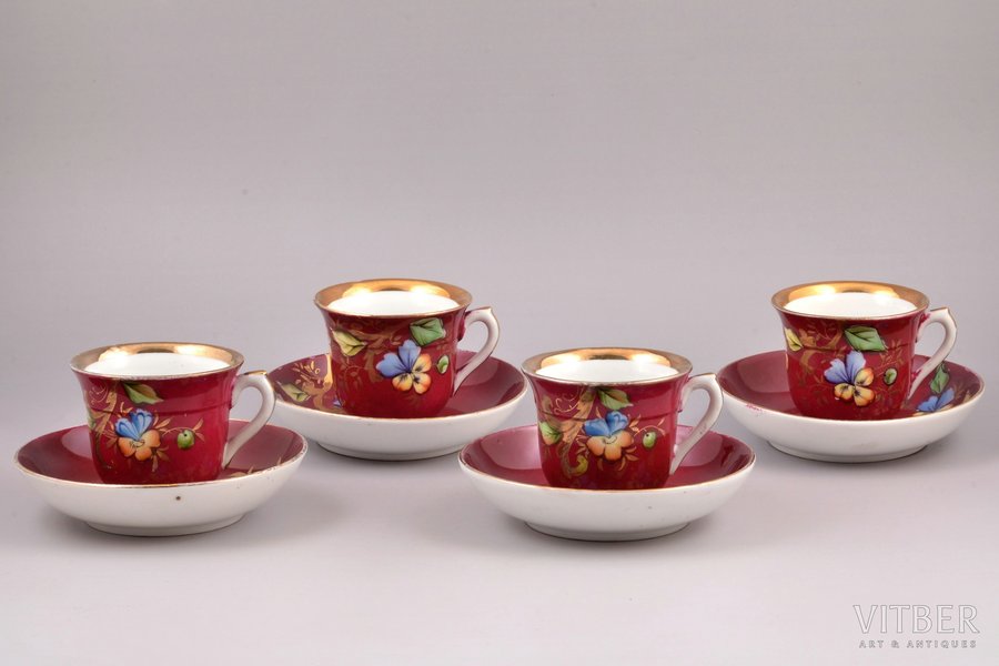 set, 4 tea pairs, porcelain, M.S. Kuznetsov manufactory, hand-painted, Russia, the end of the 19th century, h (cup) 7 cm, Ø (saucer) 13.9 cm