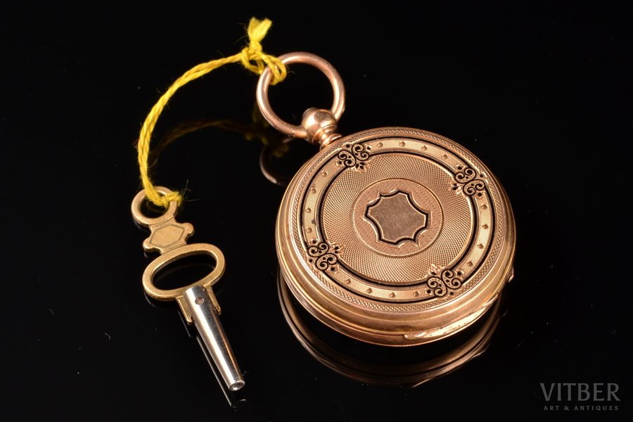 sieviešu korsāžas pulkstenis, ar atslēgu, Francija, zelts, emalja, 18 K prove, 3.9 x 3.2 cm, Ø 32 mm