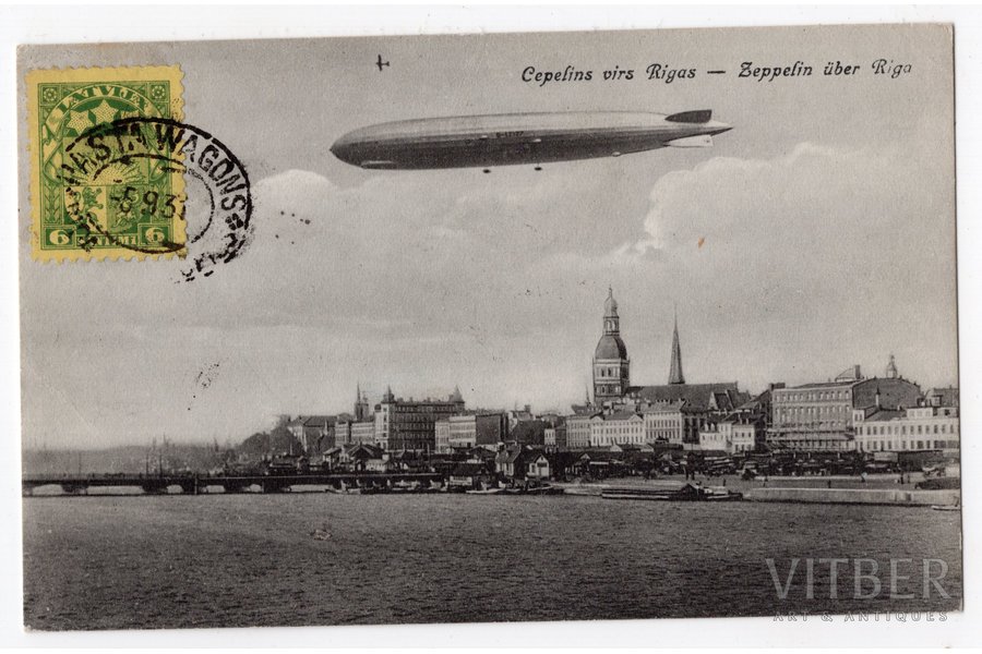 открытка, Рига, дирижабль "Граф Цеппелин", Латвия, 20-30е годы 20-го века, 13.8x8.8 см