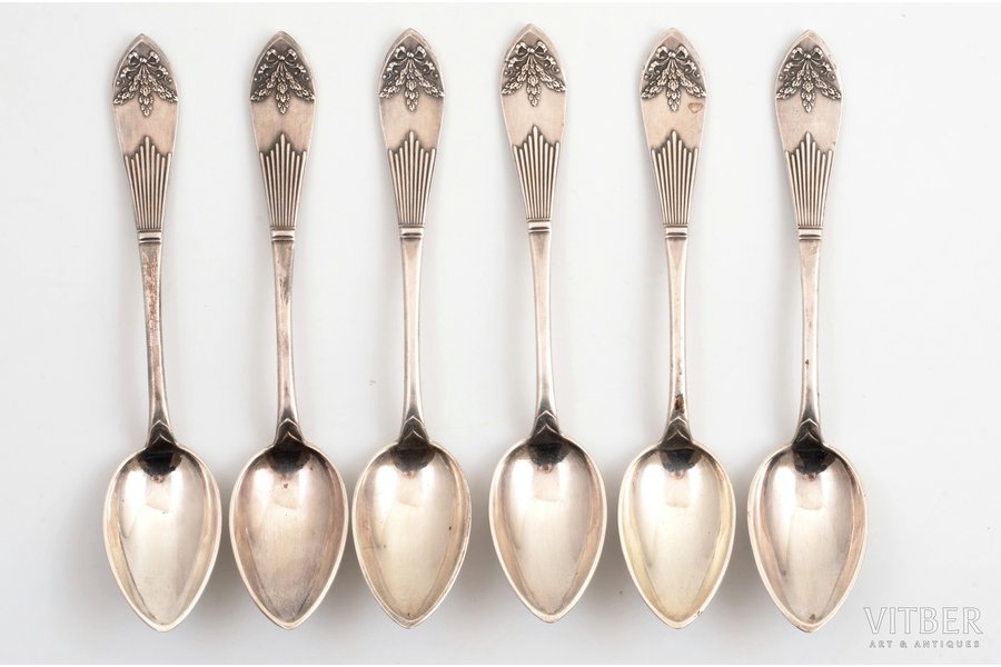 set of 6 spoons, silver, 84 standard, 202.9 g, 15 cm, Wladyslav Hempel, 1908-1917, Warsaw, Russia, Poland