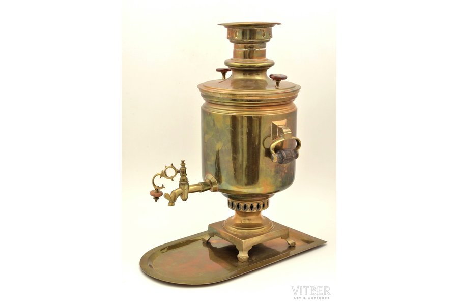 samovar, Partnership of the fabric of heirs of V.S.Batashev in Tula, with tray, brass, Russia, the border of the 19th and the 20th centuries, h 52.3 cm, weight 8250 g