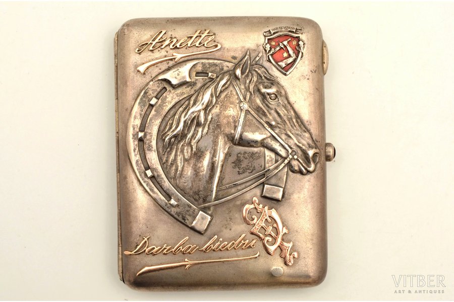 cigarette case, silver, with The Latvian War of Liberation Commemorative miniature badge 1918-1920, 875 standard, 184.85 g, gold, 10.9 x 8.7 x 2.2 cm, the 30ties of 20th cent., Latvia, over the original stamps (875) fantasy stamps are embossed