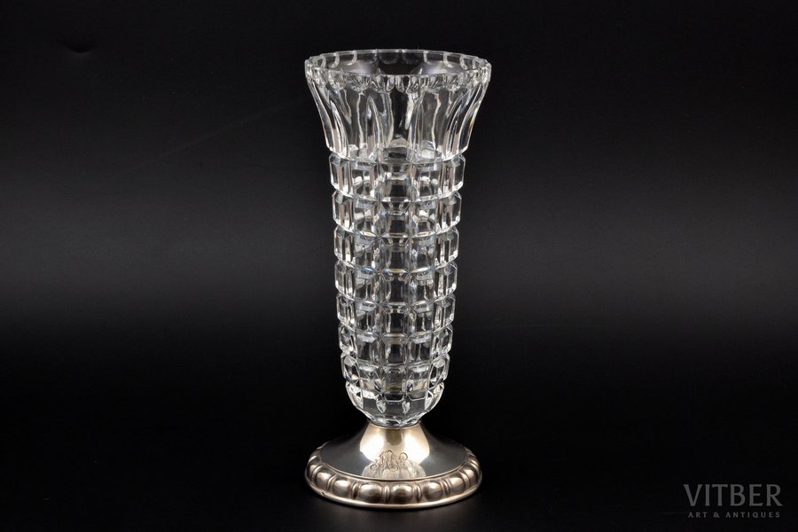 a vase, silver, 925 standard, cut-glass (crystal), 20.9 cm, the 20th cent., Germany, by Emil Hermann, import hallmark of Finland