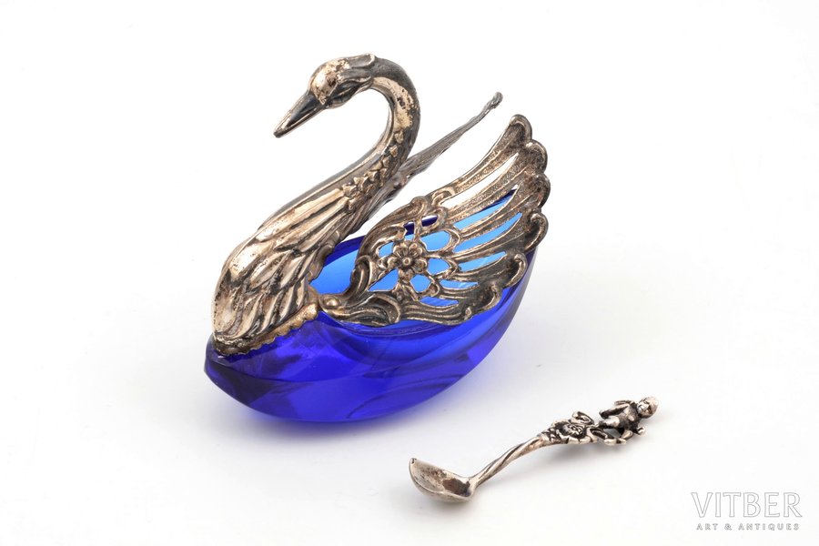 salt cellar with salt spoon, silver, "Swan", 800, 835 standard, total weight of items 84.25 g, glass, h 7 cm, salt spoon 5.6 cm, the 1st half of the 20th cent., Germany, little chip on the glass