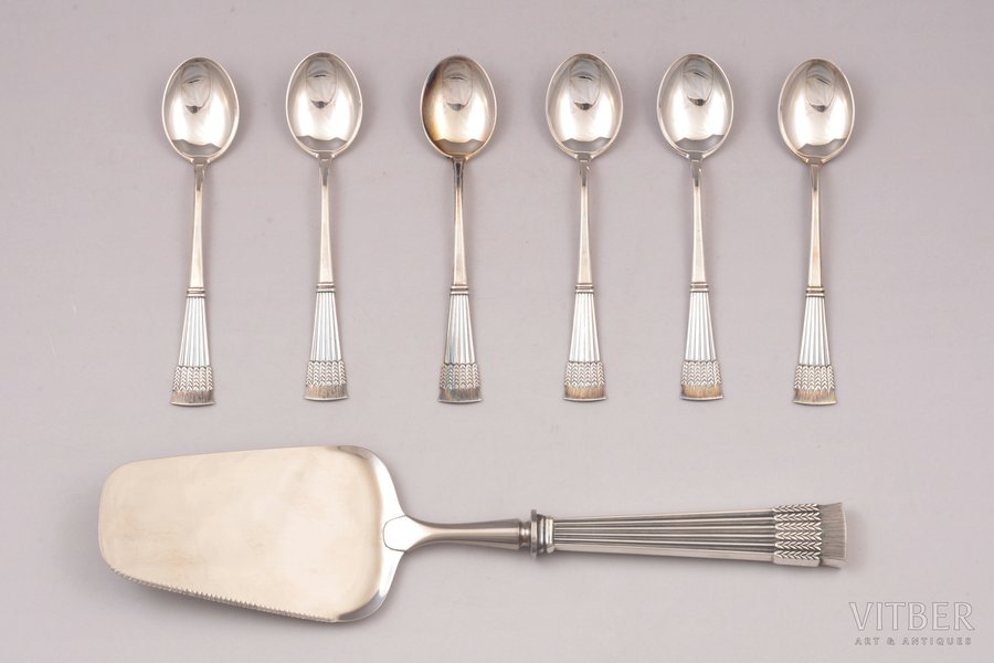 set of 6 teaspoons with kitchen shovel, silver, 830 standard, total weight of items 164.15 g, steel, 11.5 / 22.8 cm, 1991-2002, Turku, Finland