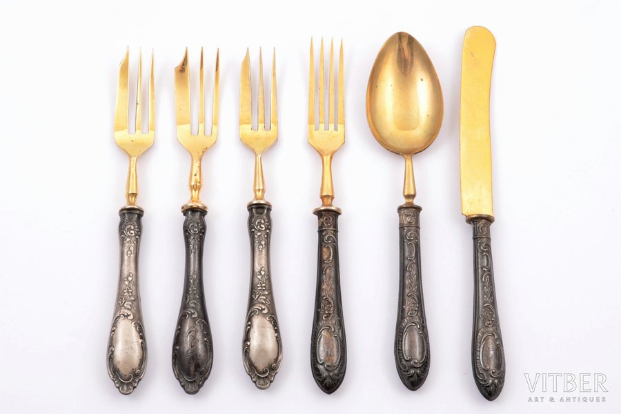 set of 6 flatware items, silver, 875 standard, total weight of items 156.85 g, gilding, metal, 15.3 / 16 / 15.9 / 17 cm, the 30ties of 20th cent., Latvia