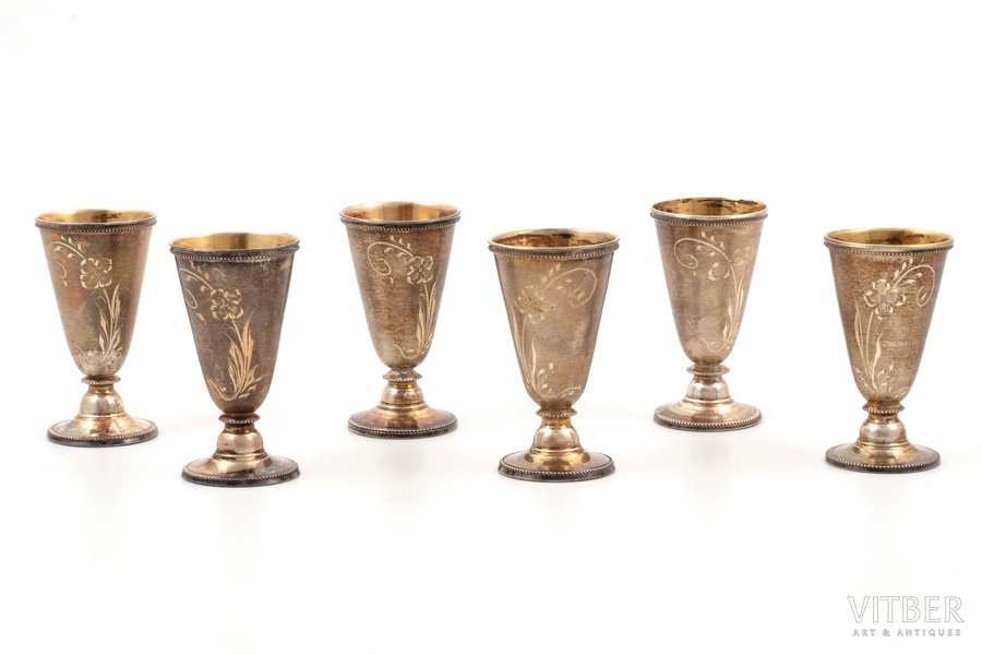 set of 6 small glasses, silver, 875 standard, total weight of items 177.65 g, engraving, gilding, 6.8 cm, workshop Rigas Gravieris, 1963, Riga, USSR
