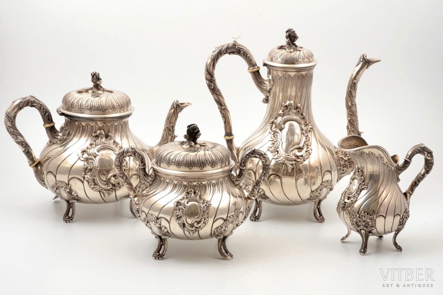 service of 4 items: coffeepot, teapot, sugar-bowl, cream jug, silver, 950 standard, 1883 (643+595+451+194) g, gilding, 24.2 / 18.5 / 14.6 / 13 cm, Henri Lapeyre, 1895-1923, Paris, France