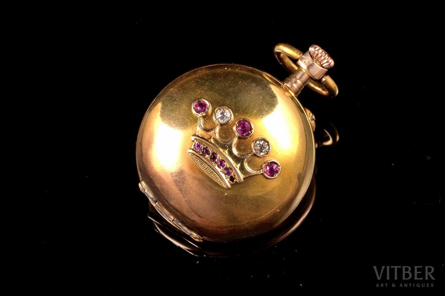 kabatas pulkstenis, Šveice, zelts, briljanti, rubīns, 56, 585, 14 K prove, 15.22 g, 3.4 x 2.6 cm, Ø 26 mm, 2 briljanti x ~0.05 ct, trūkst maza rubīna