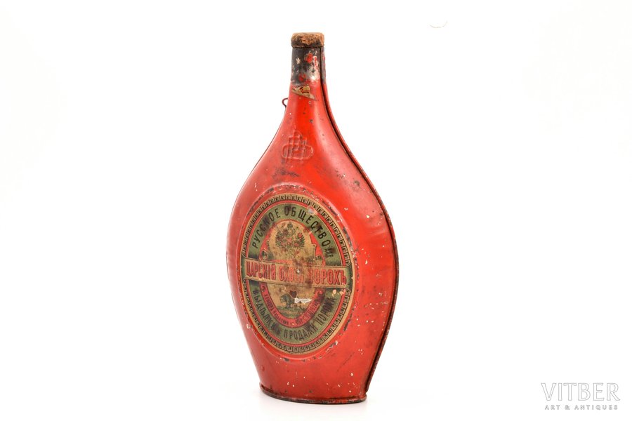 powder flask, "Russian society for the manufacture and sale of gunpowder", tin, Russia, 1896, 20.5 x 11 x 4.8 cm
