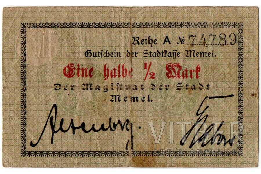 1/2 марки, банкнота, расчётный знак города Мемель (Клайпеда), 1922 г., Литва, VF
