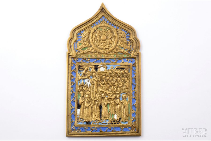 icon, Protection of the Mother of God, copper alloy, 5-color enamel, Russia, the middle of the 19th cent., 16.9 х 9.4 х 0.36 cm, 364.1 g.