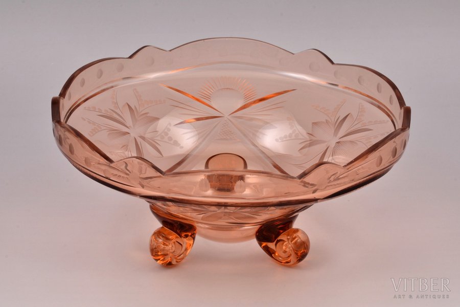 fruit dish, Ilguciems glass factory, colored glass, Latvia, the 20-30ties of 20th cent., h 21 / Ø 23.5 cm, little chip on the edge
