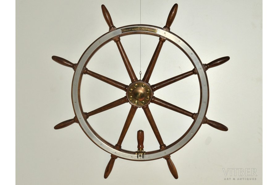 ship's wheel, with engraving "Destroyer Emir of Bukhara", brass, wood, Russia, the beginning of the 20th cent., Ø 103 cm