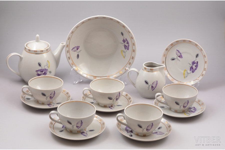 service, "Regina", for 5 persons (partial), porcelain, Rīga porcelain factory, Riga (Latvia), USSR, 1948-1970, second grade, chip and hairline crack on one cup