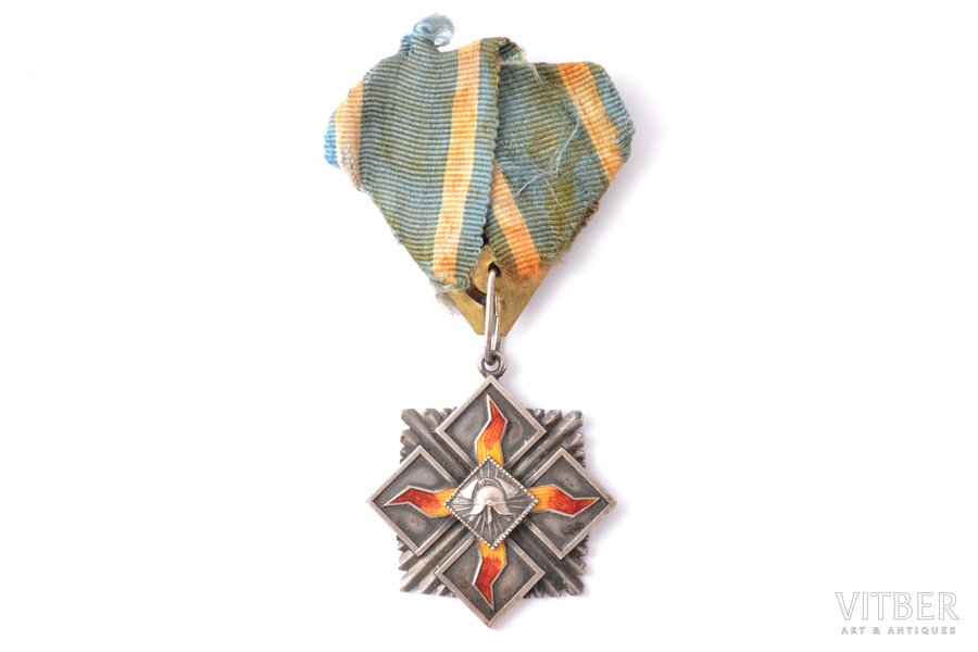 медаль, За заслуги в противопожарном деле, 2-я степень, серебро, Латвия, 30-е годы 20-го века, 44.3 x 40.4 мм