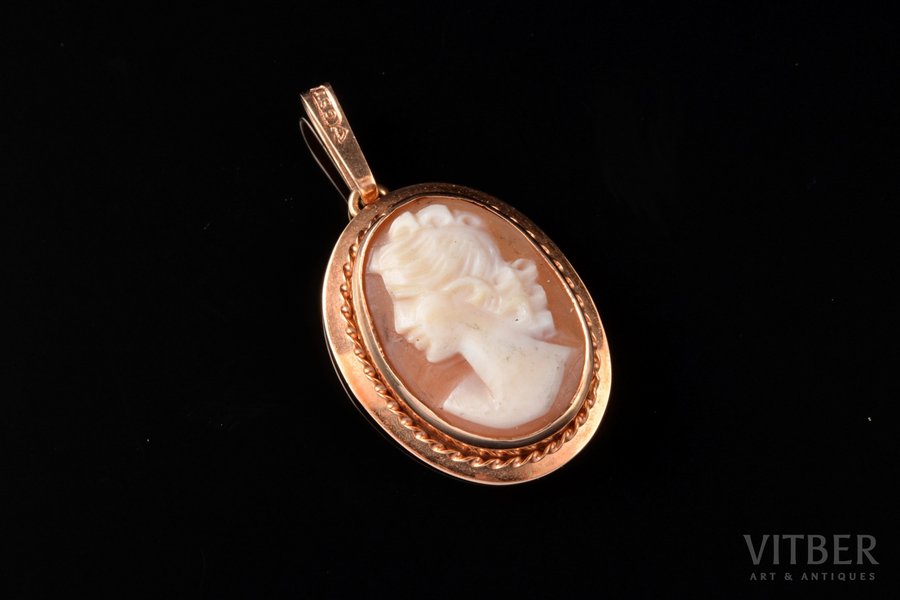 a pendant, cameo, gold, 585 standard, 3.11 g., the item's dimensions 2.4 x 1.8 cm, Finland