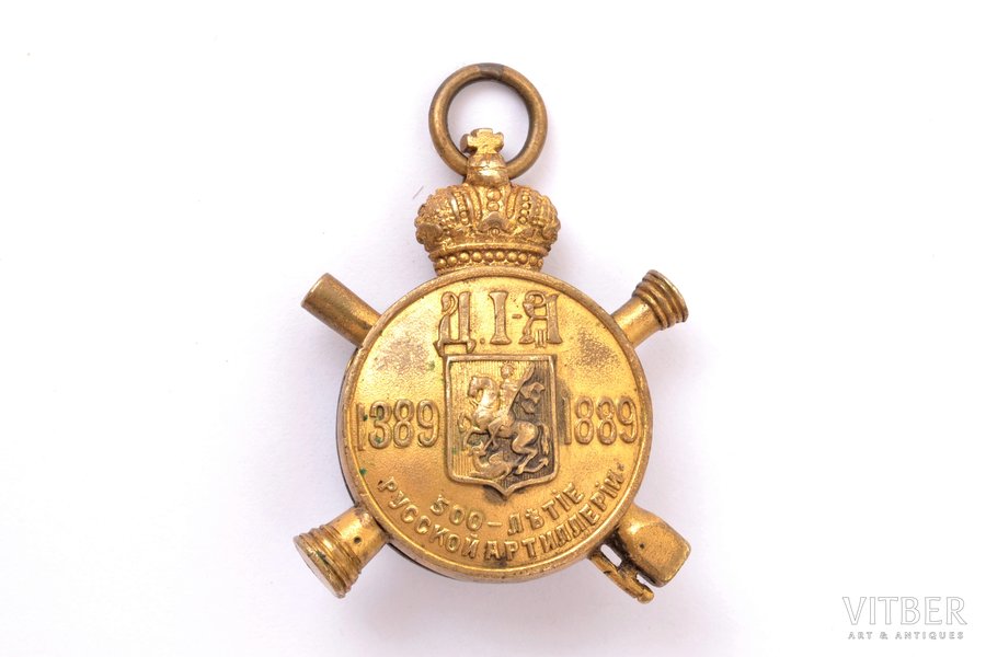 žetons, Krievu artilērijas 500. gadadiena 1389-1889, bronza, zeltījums, Krievijas Impērija, 1889 g., 36 х 30 mm, 25.6 g