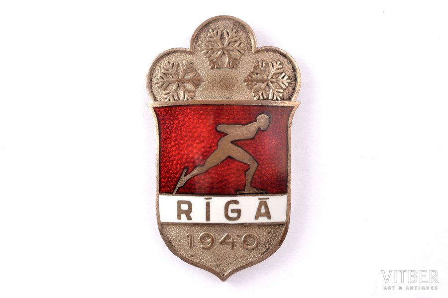 badge, speed skating, silver plate, Latvia, 1940, 46.7 х 27.3 mm, 13 g