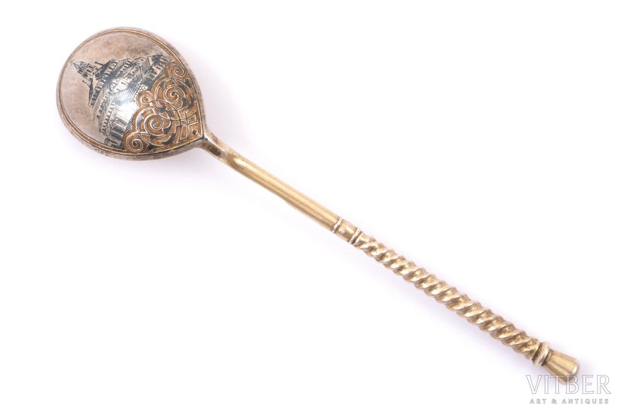 teaspoon, silver, 84 standard, 25.55 g, niello enamel, gilding, 13.3 cm, P. Milyukov workshop, 1879, Moscow, Russia