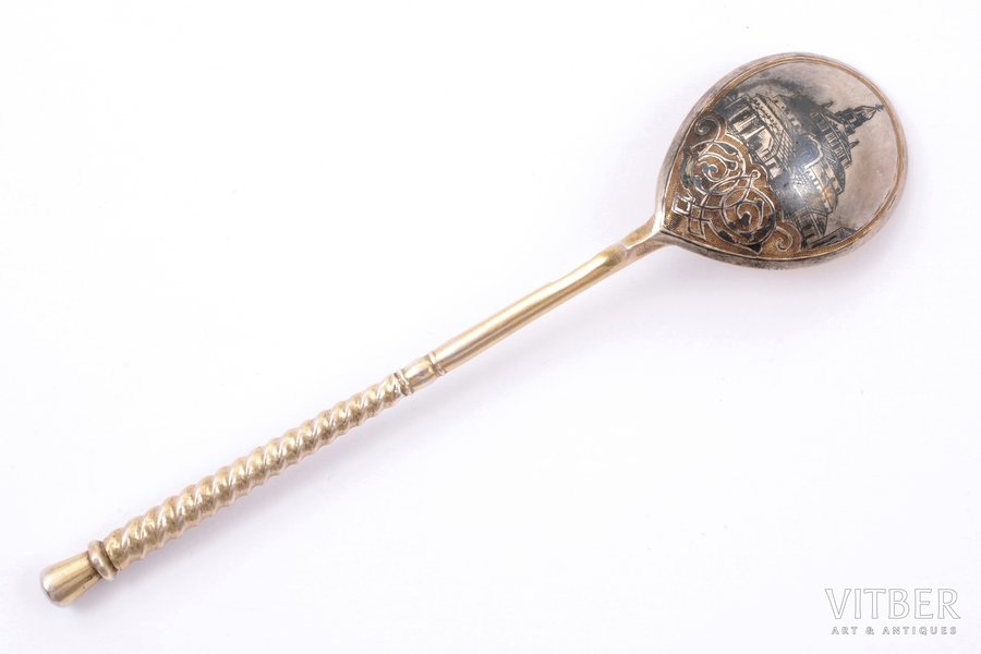teaspoon, silver, 84 standard, 22.23 g, niello enamel, gilding, 13.3 cm, P. Milyukov workshop, 1879, Moscow, Russia